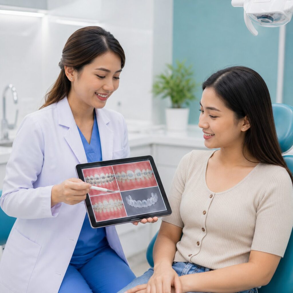 Wanita Indonesia tersenyum yakin dengan behel gigi seramik di klinik gigi Syaify Dental Yogyakarta
