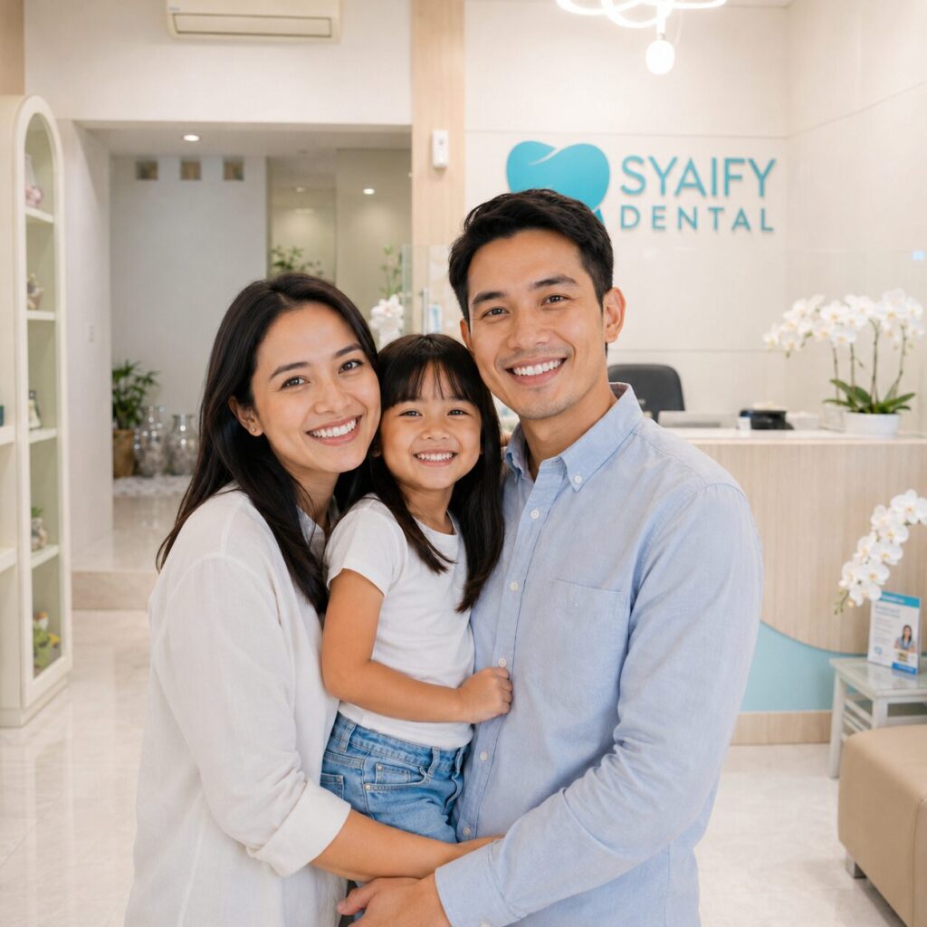 Keluarga Indonesia yang ceria mengunjungi klinik gigi jogja yang modern dan aman di Syaify Dental Sleman