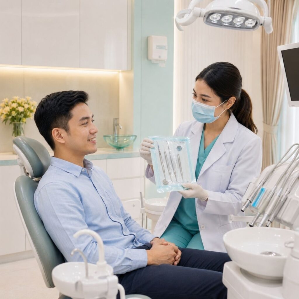 Dokter gigi Syaify Dental menunjukkan alat medis steril di dalam sterilization pouch kepada pasien sebelum perawatan
