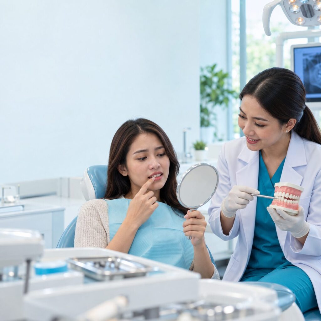 Dokter menjelaskan cara membersihkan lidah dan sela gigi setelah scaling