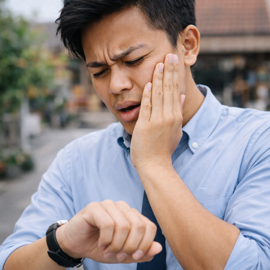 Pria mencari klinik gigi terdekat saat sakit gigi mendadak