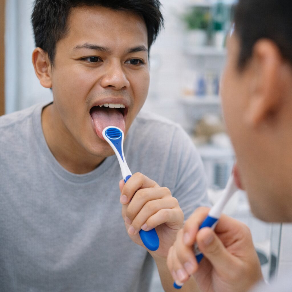 Membersihkan lidah untuk mencegah bau mulut