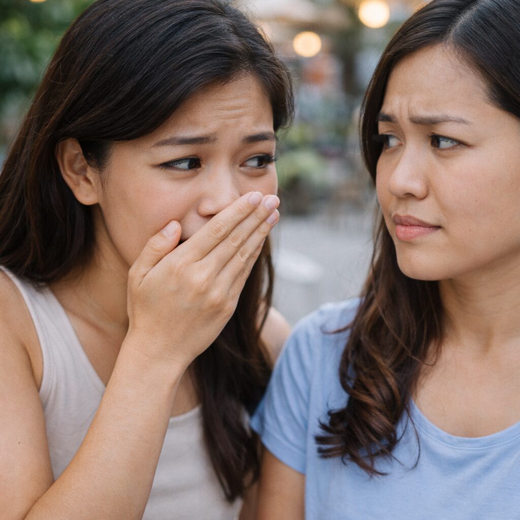 Wanita menutup mulut karena bau mulut tidak hilang