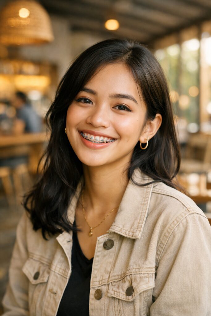 Pasien tersenyum percaya diri menggunakan behel gigi