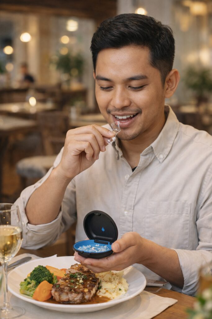 Melepas clear aligner sebelum makan di restoran