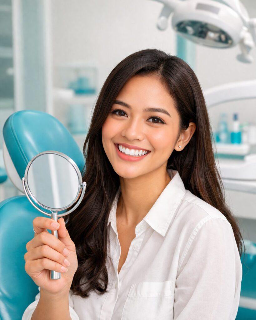 Pasien tersenyum puas setelah mengetahui harga tambal gigi jogja yang terjangkau