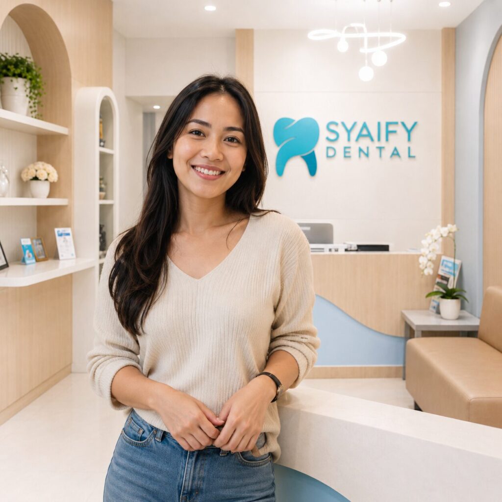 Wanita Indonesia tersenyum ceria menikmati minuman dingin setelah bebas dari masalah gigi ngilu di Syaify Dental