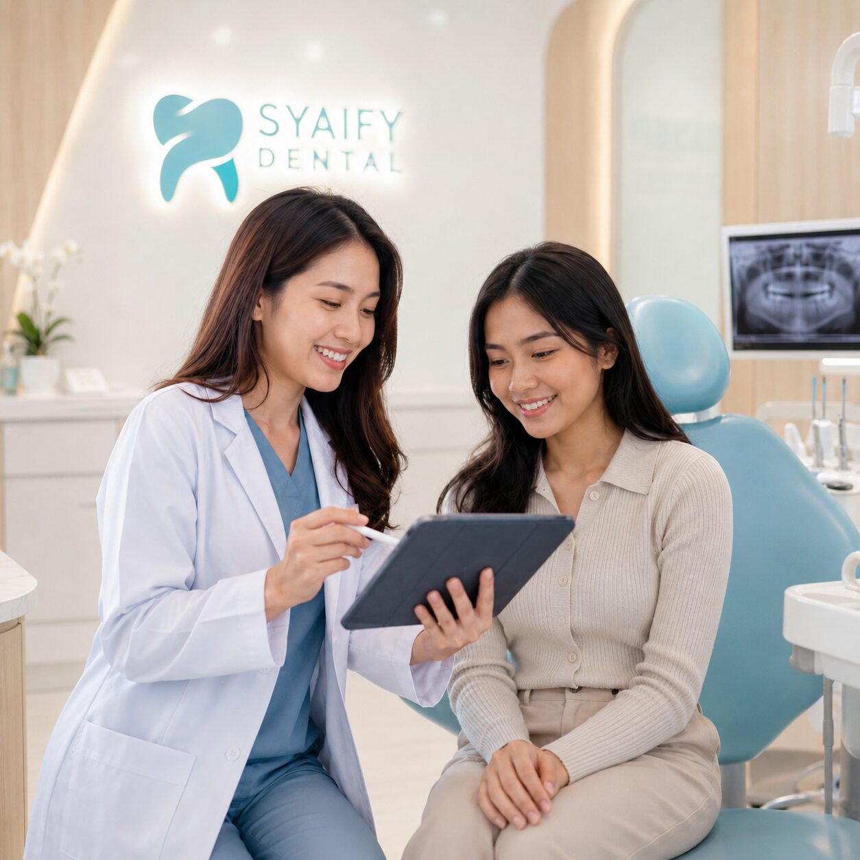 Dokter gigi Syaify Dental Yogyakarta sedang memberikan penjelasan edukatif dan transparan kepada pasien