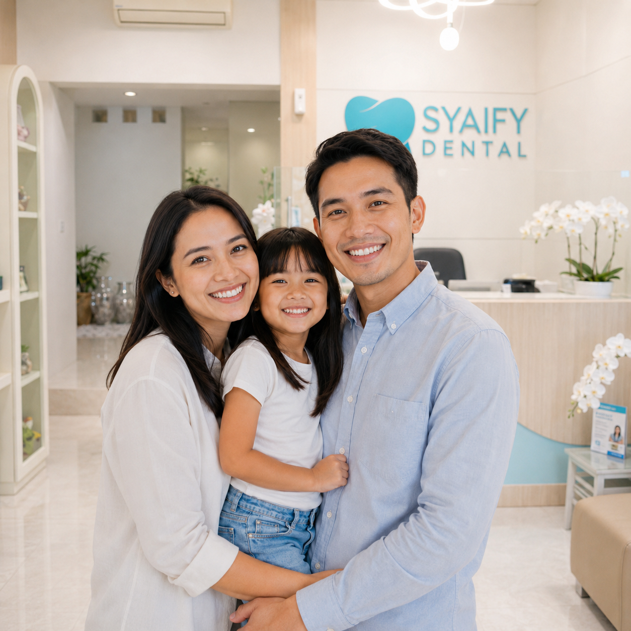Keluarga Indonesia yang ceria mengunjungi klinik gigi jogja yang modern dan aman di Syaify Dental Sleman