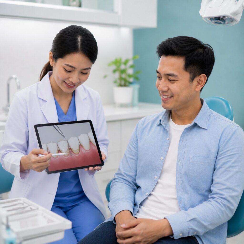 Dokter gigi Syaify Dental menjelaskan anatomi gusi dan penyebab perdarahan kepada pasien menggunakan model edukasi