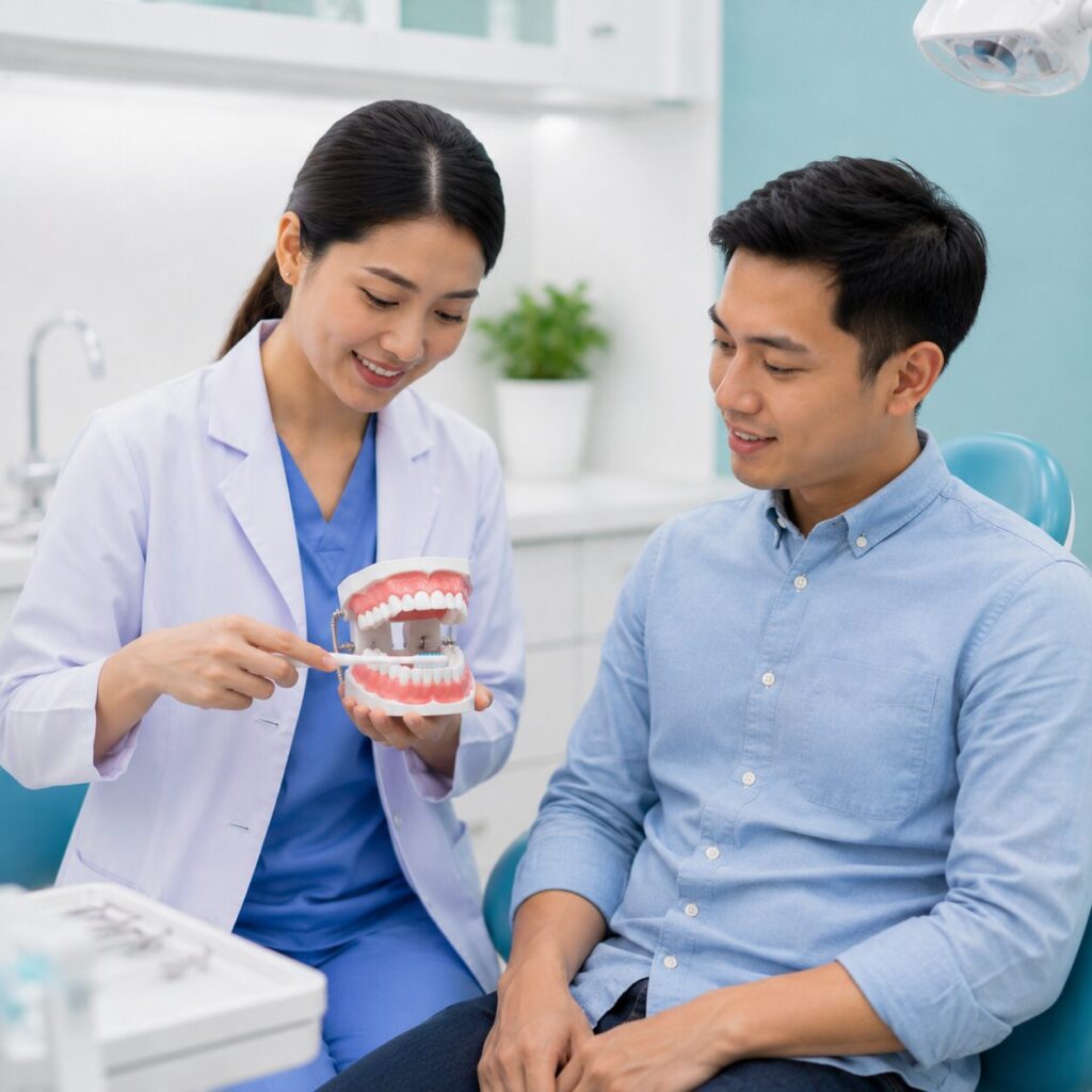 Dokter gigi Syaify Dental Yogyakarta berdiskusi hangat dengan pasien mengenai rencana perawatan smile makeover