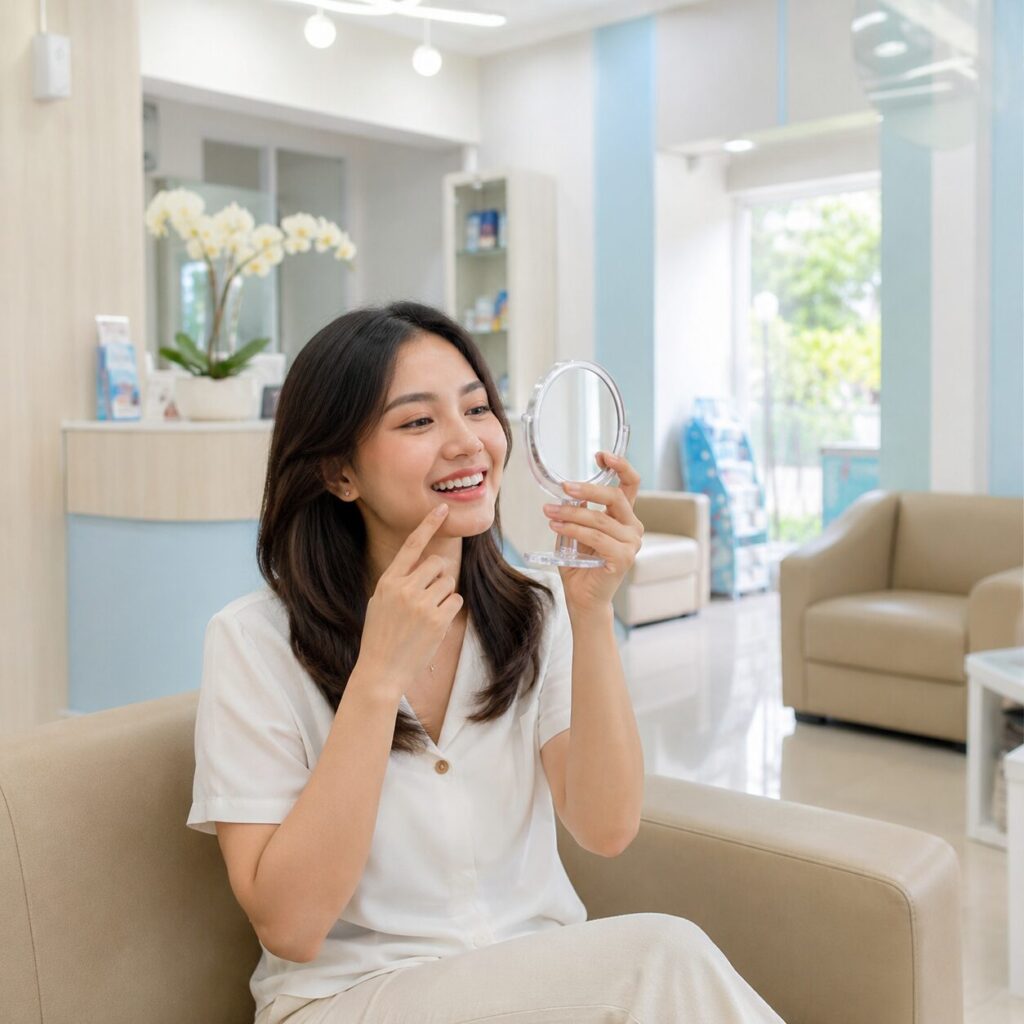 Wanita Indonesia mengecek kebersihan giginya di cermin untuk mengetahui kapan harus scaling gigi di klinik Syaify Dental