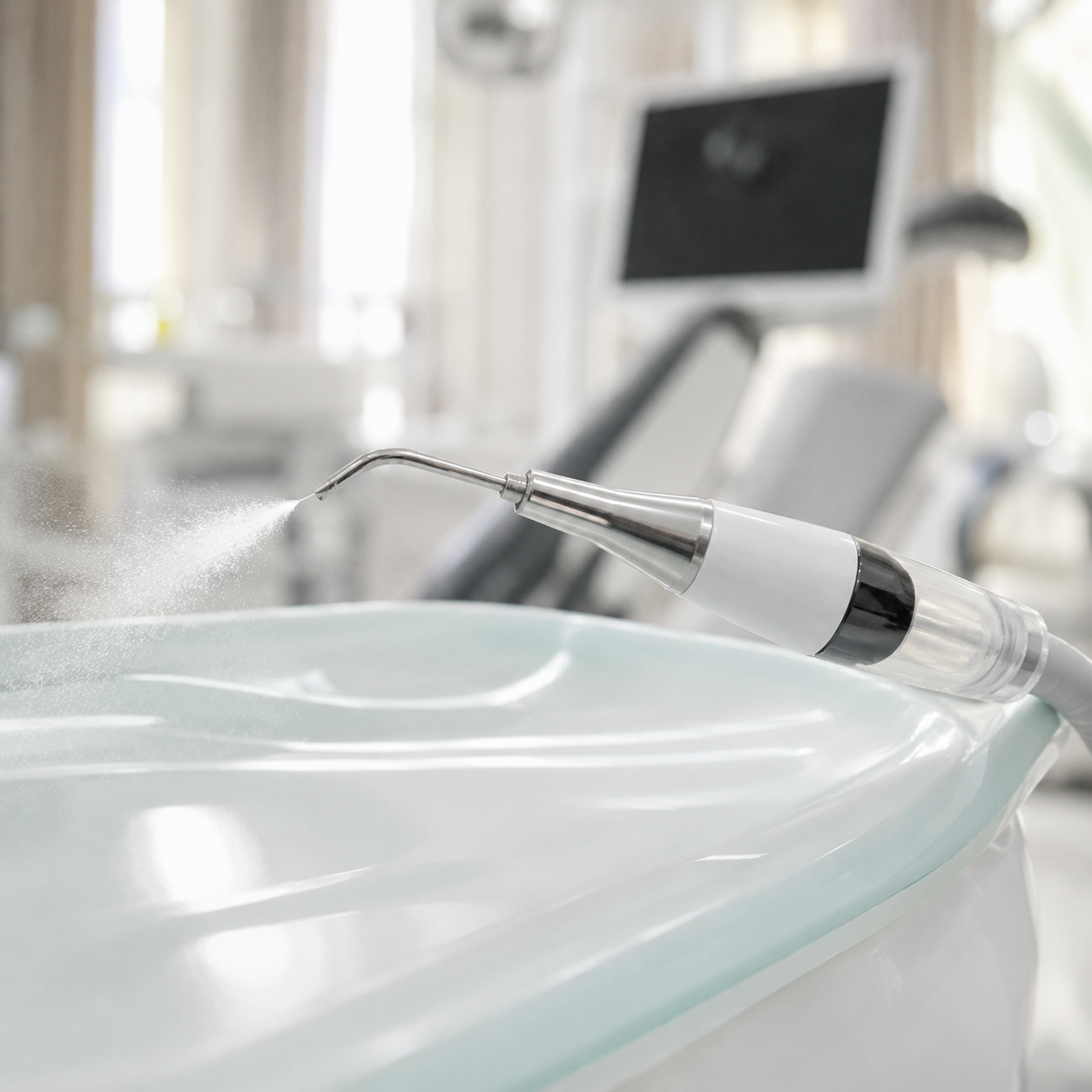 Alat teknologi painless scaling airflow yang digunakan di klinik Syaify Dental untuk kenyamanan pembersihan karang gigi