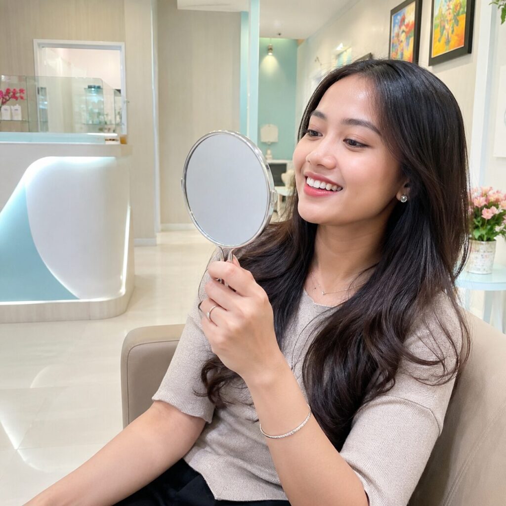 Wanita Indonesia tersenyum lega setelah melakukan konsultasi cabut gigi bungsu di klinik gigi Syaify Dental Yogyakarta