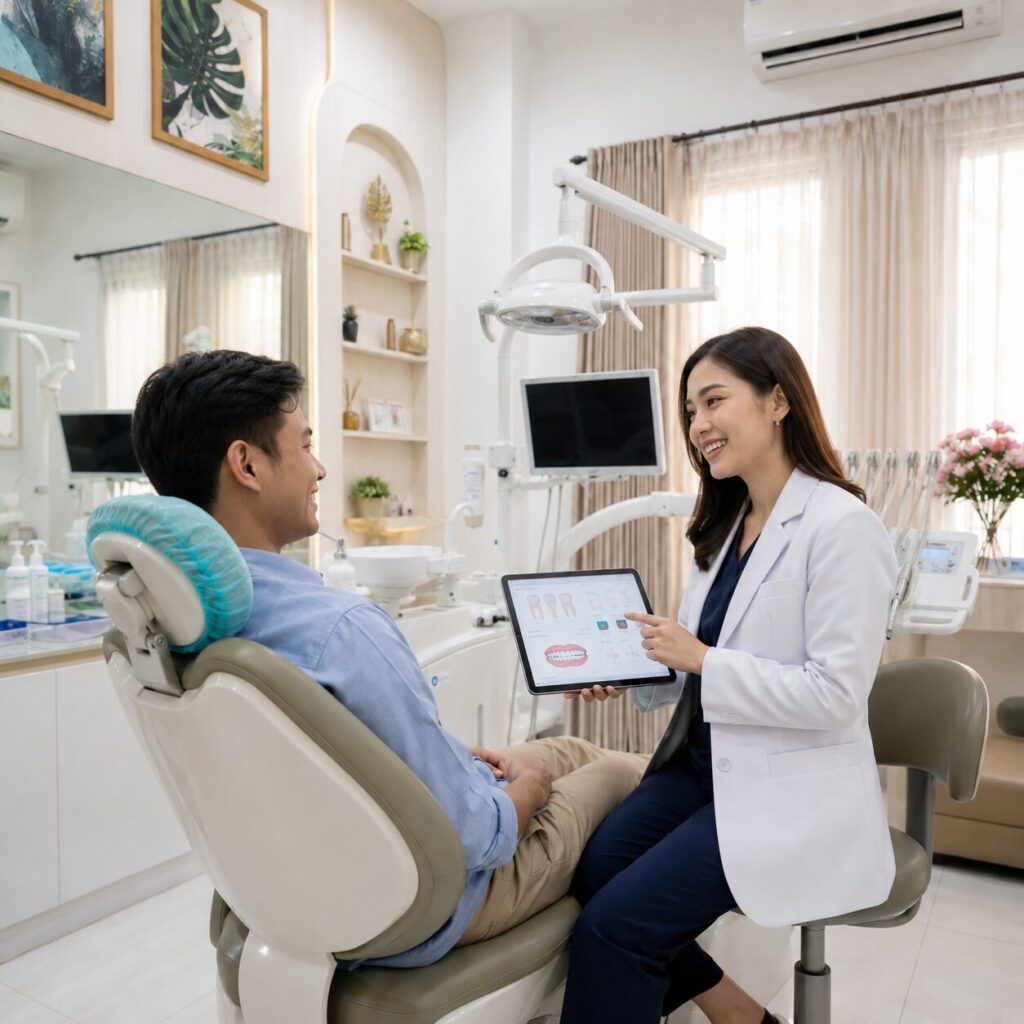 Dokter gigi Syaify Dental dengan ketelitian tinggi memahat tambalan estetik komposit pada pasien
