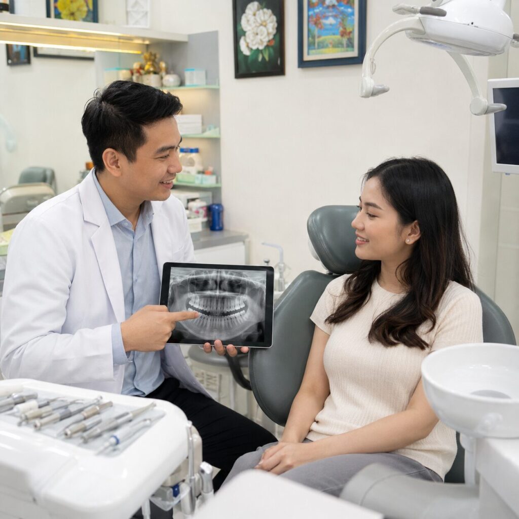 Dokter gigi Syaify Dental menjelaskan posisi gigi bungsu impaksi menggunakan rontgen panoramik kepada pasien