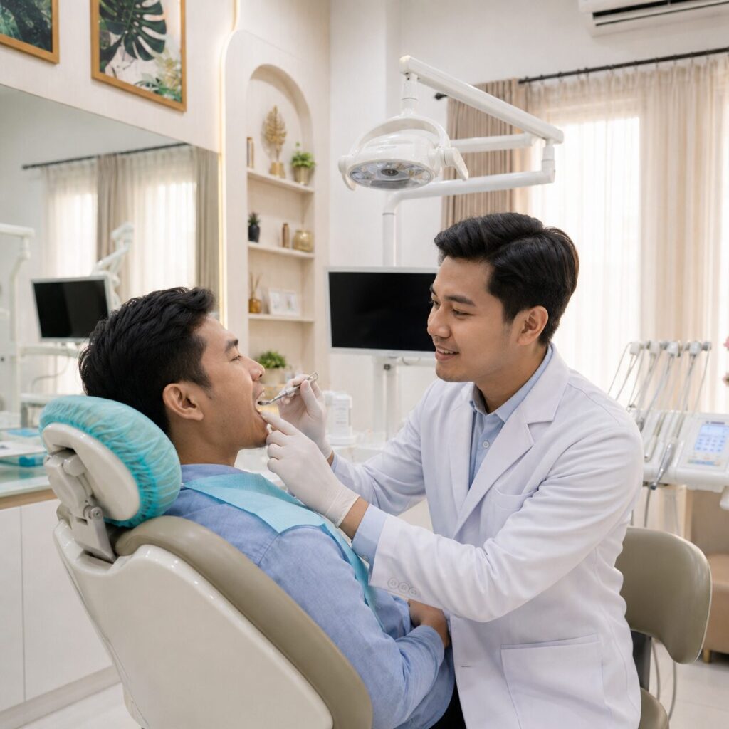 Wanita Indonesia tersenyum memamerkan hasil perawatan bleaching gigi yang cerah di klinik Syaify Dental Yogyakarta