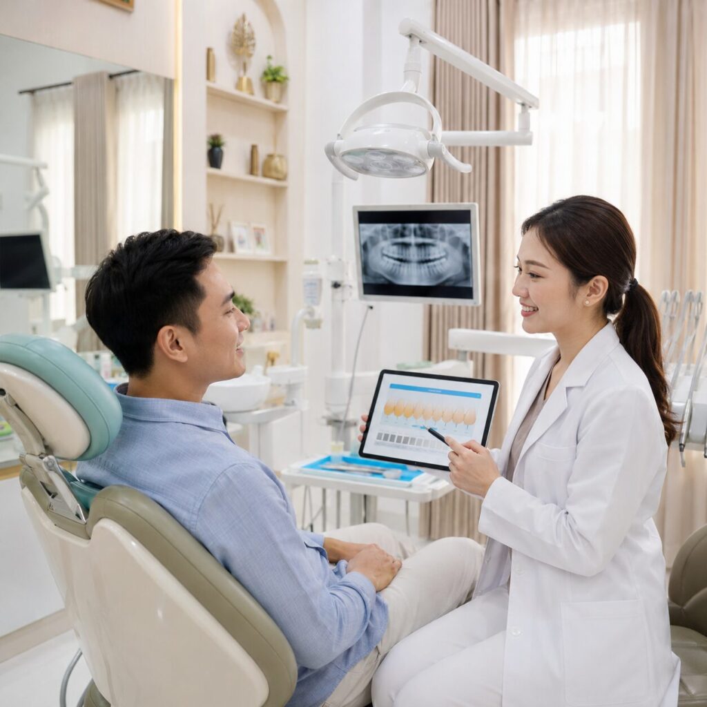 Dokter gigi Syaify Dental Yogyakarta mengedukasi pasien mengenai anatomi gigi dan penyebab perubahan warna email