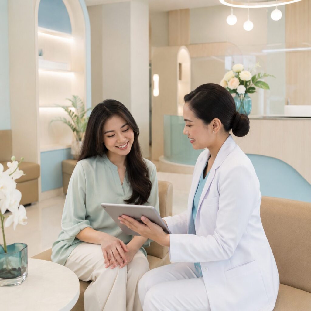 Wanita Indonesia tersenyum lega setelah mengetahui kapan gigi berlubang harus ditambal di Syaify Dental Yogyakarta