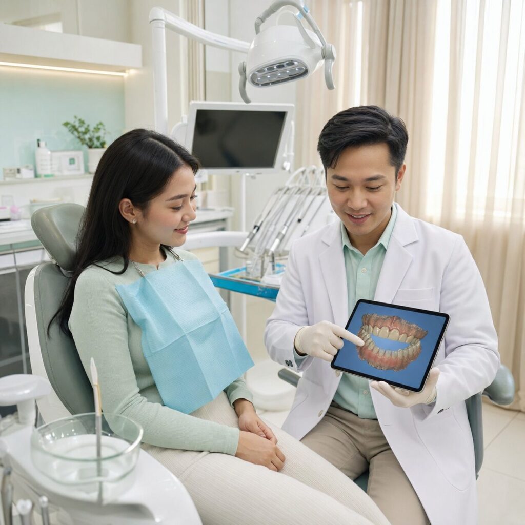 Dokter gigi profesional Syaify Dental Yogyakarta dengan tenang menjelaskan rencana perawatan gigi patah kepada pasien