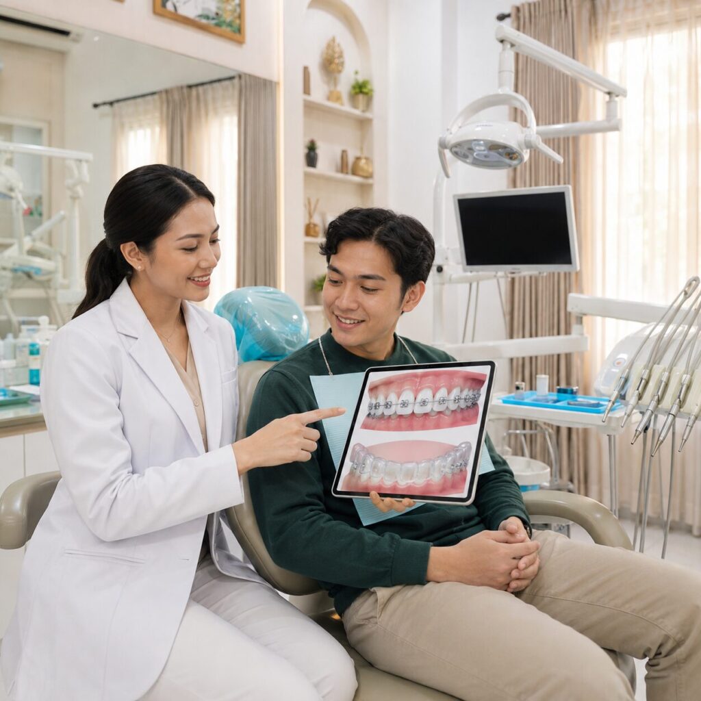 Dokter spesialis ortodonti Syaify Dental Yogyakarta menjelaskan perbedaan behel metal dan transparan secara interaktif