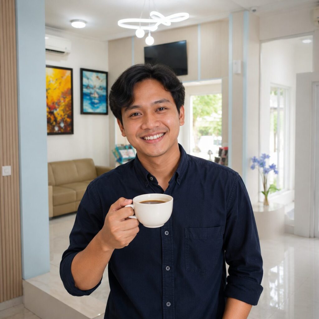 Pria Indonesia merasa lega bisa minum kopi panas tanpa ngilu setelah perawatan saluran akar di Syaify Dental