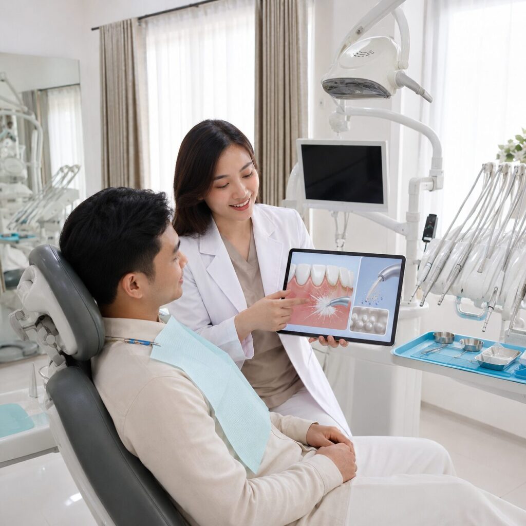 Dokter gigi Syaify Dental menjelaskan keunggulan teknologi scaling airflow kepada pasien secara edukatif