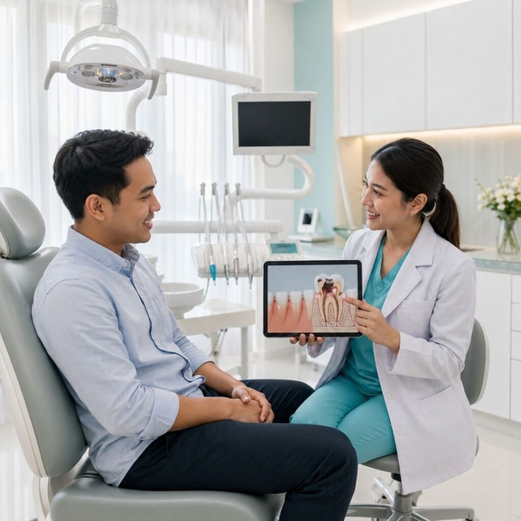 Pria Indonesia menyadari bahaya gigi berlubang yang dibiarkan dan mencari solusi perawatan di Syaify Dental Yogyakarta