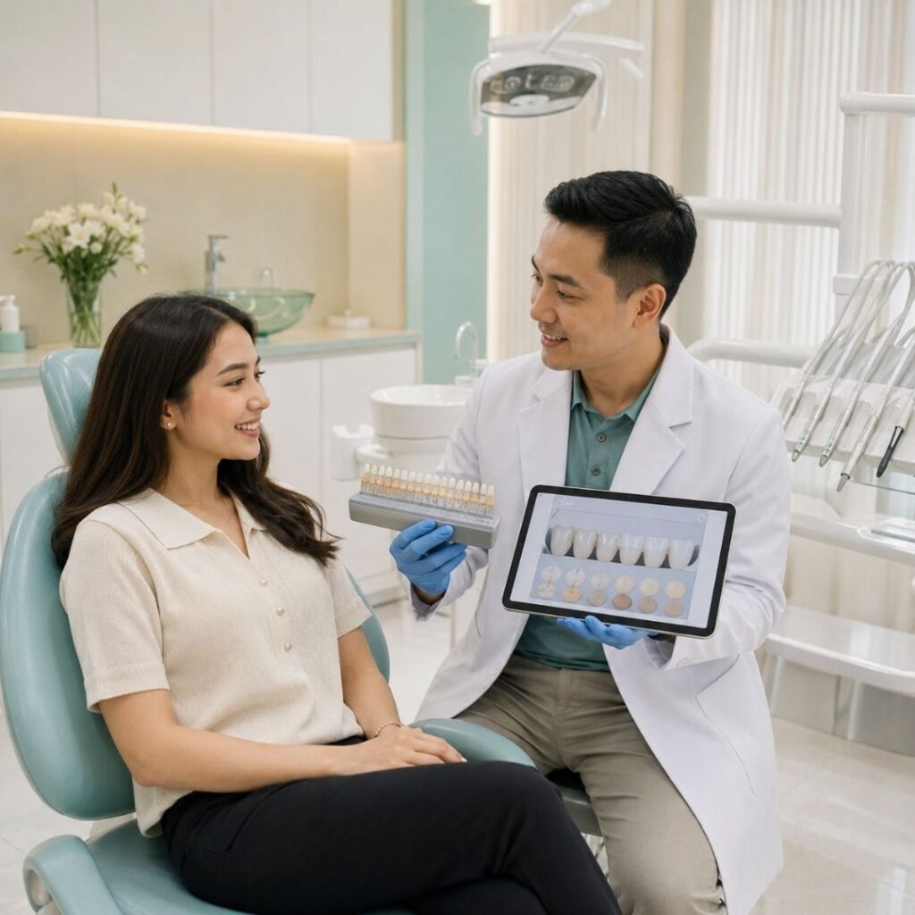 Dokter gigi kosmetik Syaify Dental Yogyakarta menjelaskan pilihan warna tambalan estetik kepada pasien
