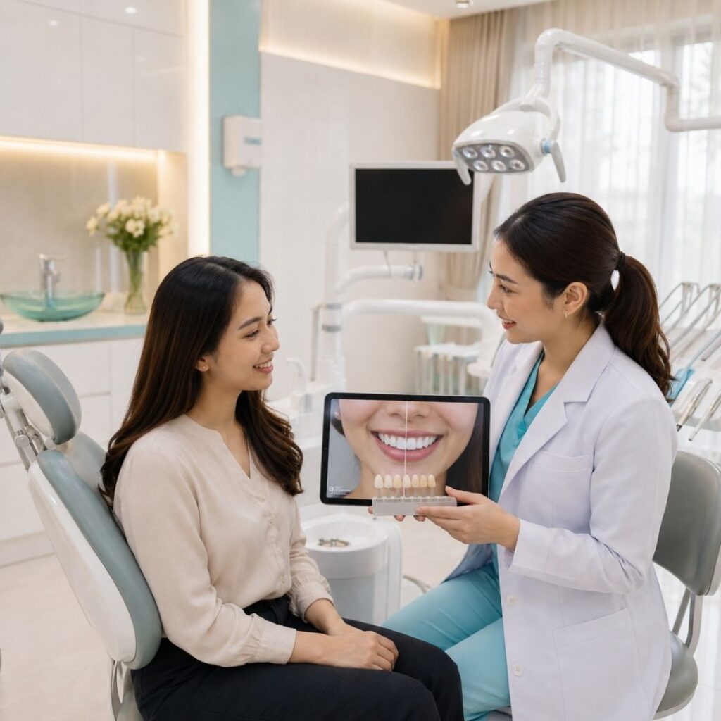 Wanita Indonesia tersenyum percaya diri setelah melakukan perawatan veneer gigi jogja di klinik Syaify Dental