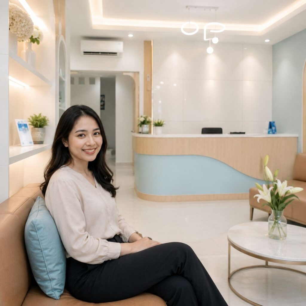 Wanita Indonesia merasa lega setelah berkonsultasi mengenai prosedur cabut gigi geraham tanpa sakit di Syaify Dental Yogyakarta