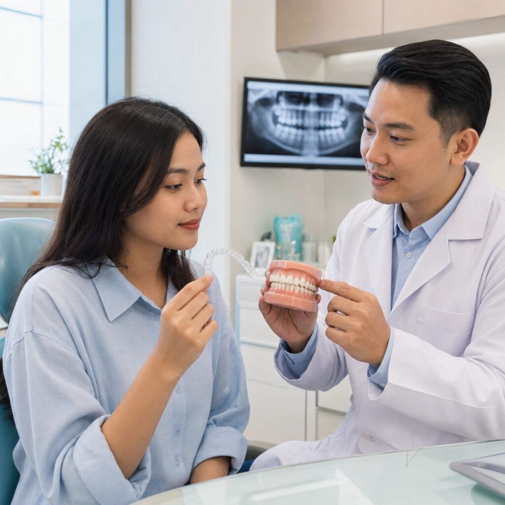 Dokter spesialis ortodonti menjelaskan penggunaan clear aligner kepada pasien