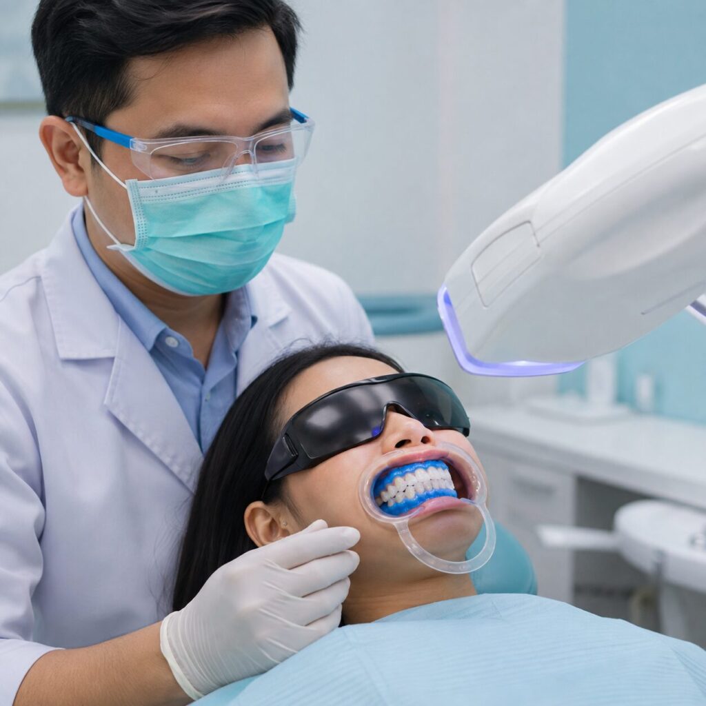 Bleaching gigi profesional dengan perlindungan gusi dan alat aktivasi cahaya
