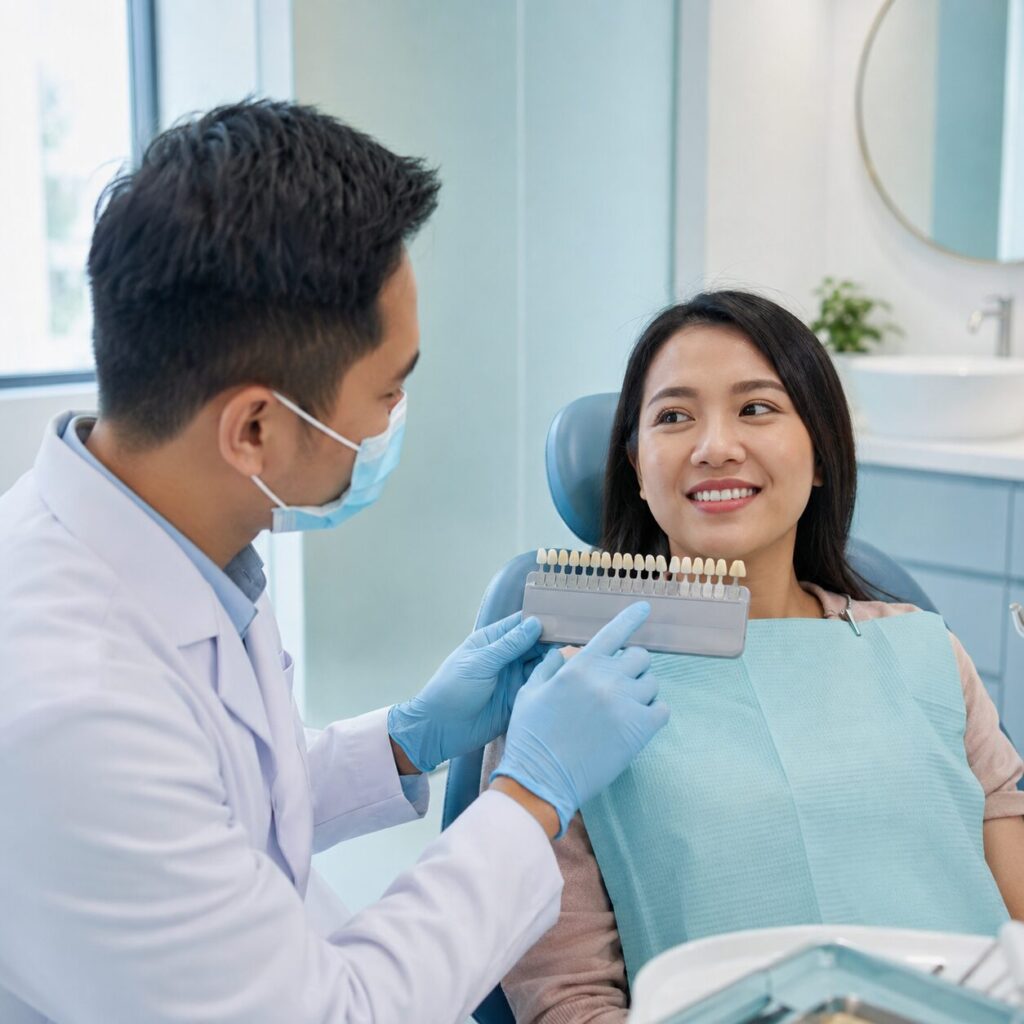 Dokter mengevaluasi warna gigi setelah bleaching menggunakan shade guide