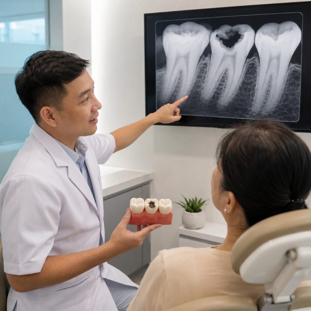 Dokter memeriksa gigi belakang yang sakit dan meninjau radiografi