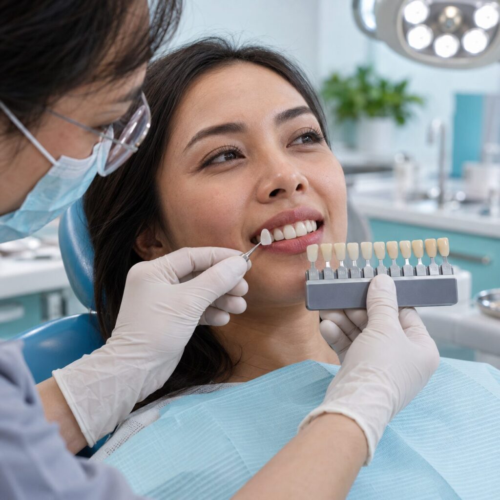 Dokter gigi menilai warna dan bentuk gigi sebelum veneer atau bleaching