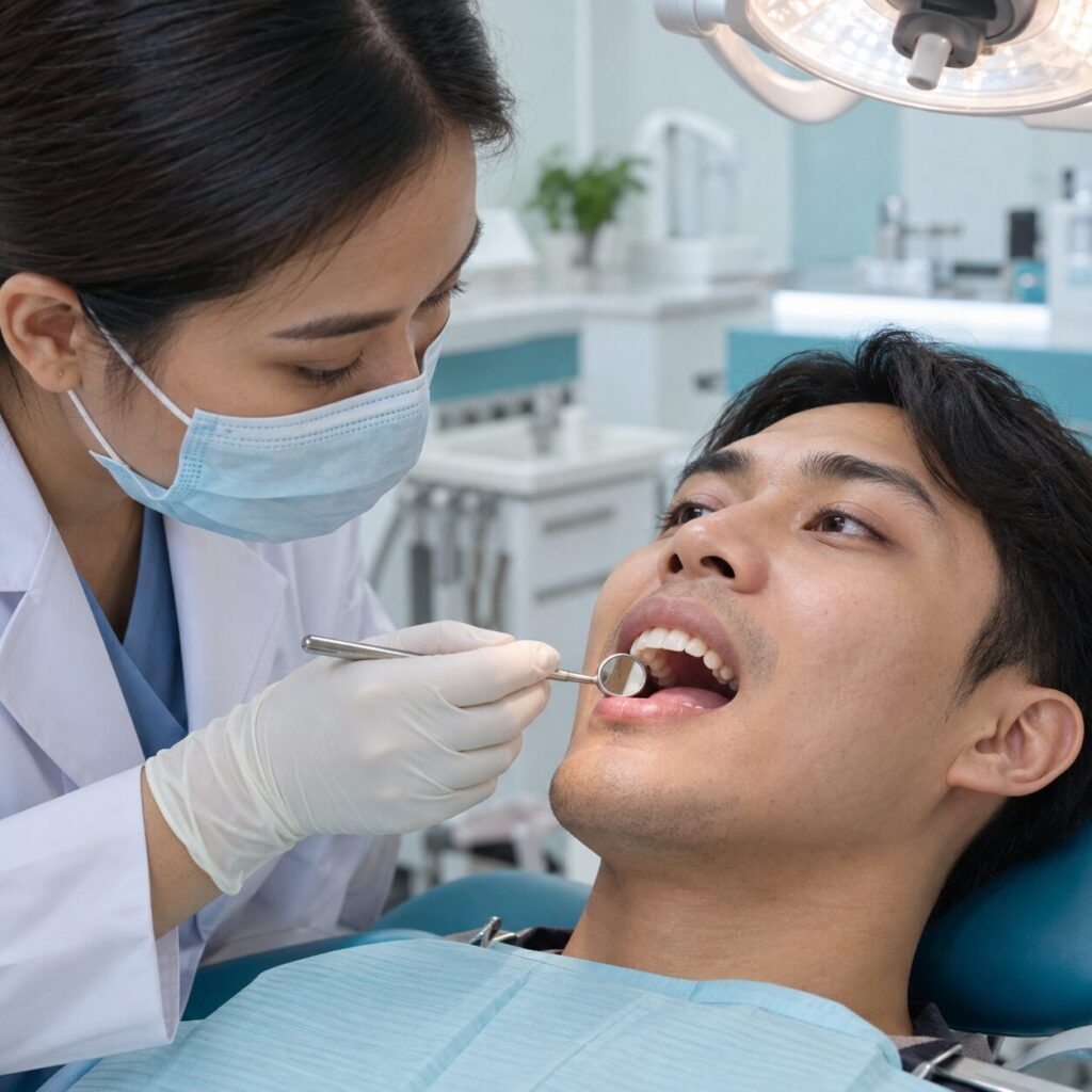 Dokter gigi memeriksa gigi yang rapuh dan mengalami pengikisan email