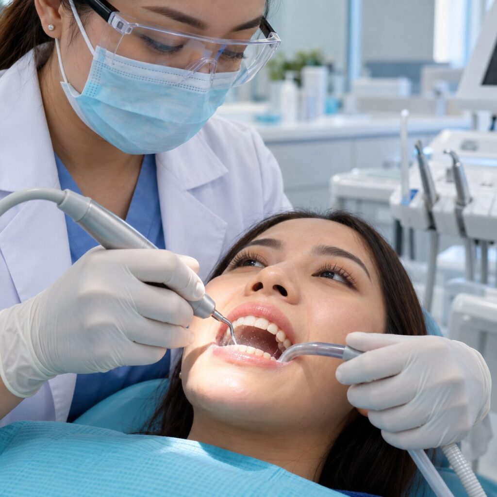 Dokter melakukan scaling gigi untuk membersihkan karang di sekitar garis gusi