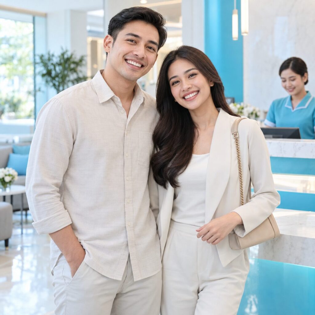 Calon pengantin tersenyum setelah pemeriksaan dan scaling gigi